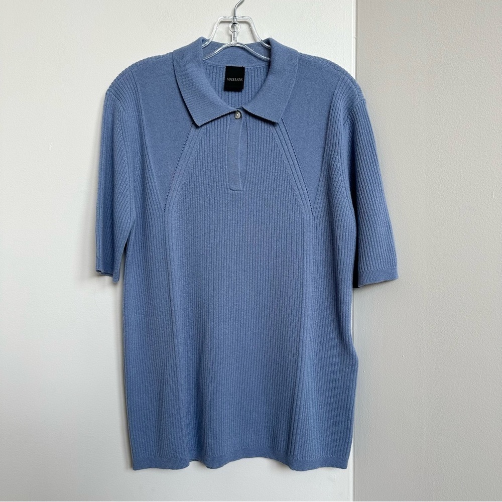 German EUC hand wash virgin wool silk Blue Ribbed Polo Sweater